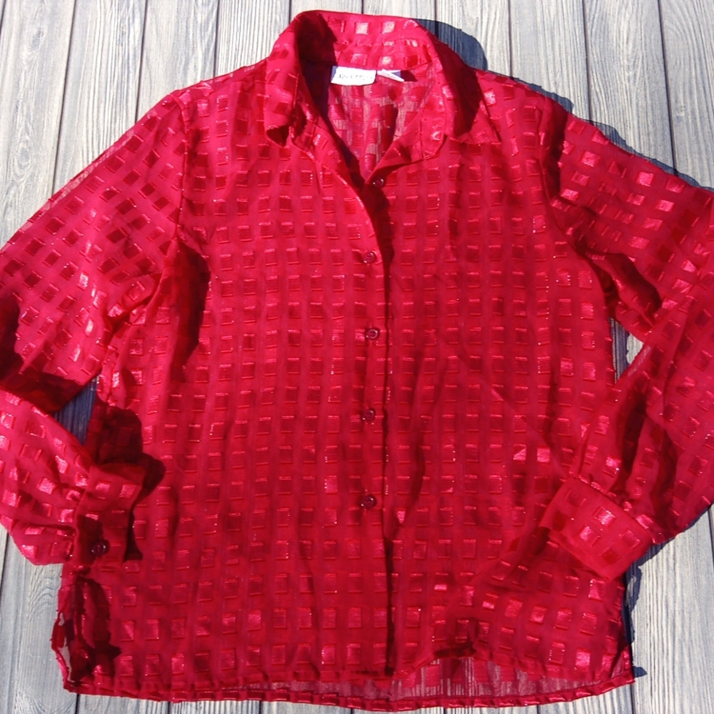 Apparenza Vintage Sheer Red Button Down Blouse Top
